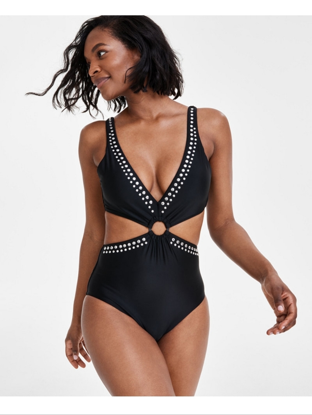 Bar III Tell Me About It Stud Black Studded Monokini with O-Ring Detail Large